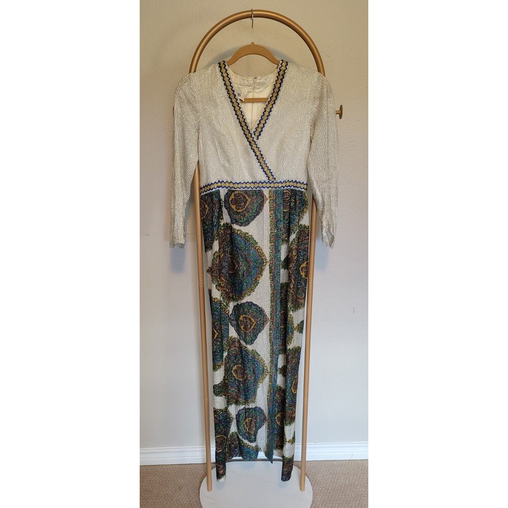 VTG 60s 70s A L'Aiglon Lame Metallic GoGo MOD Empire Waist Paisley Dress Sz 6